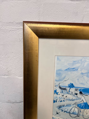 Framed Blue and Gold Landscape Artwork by Portchie – Slight Wear