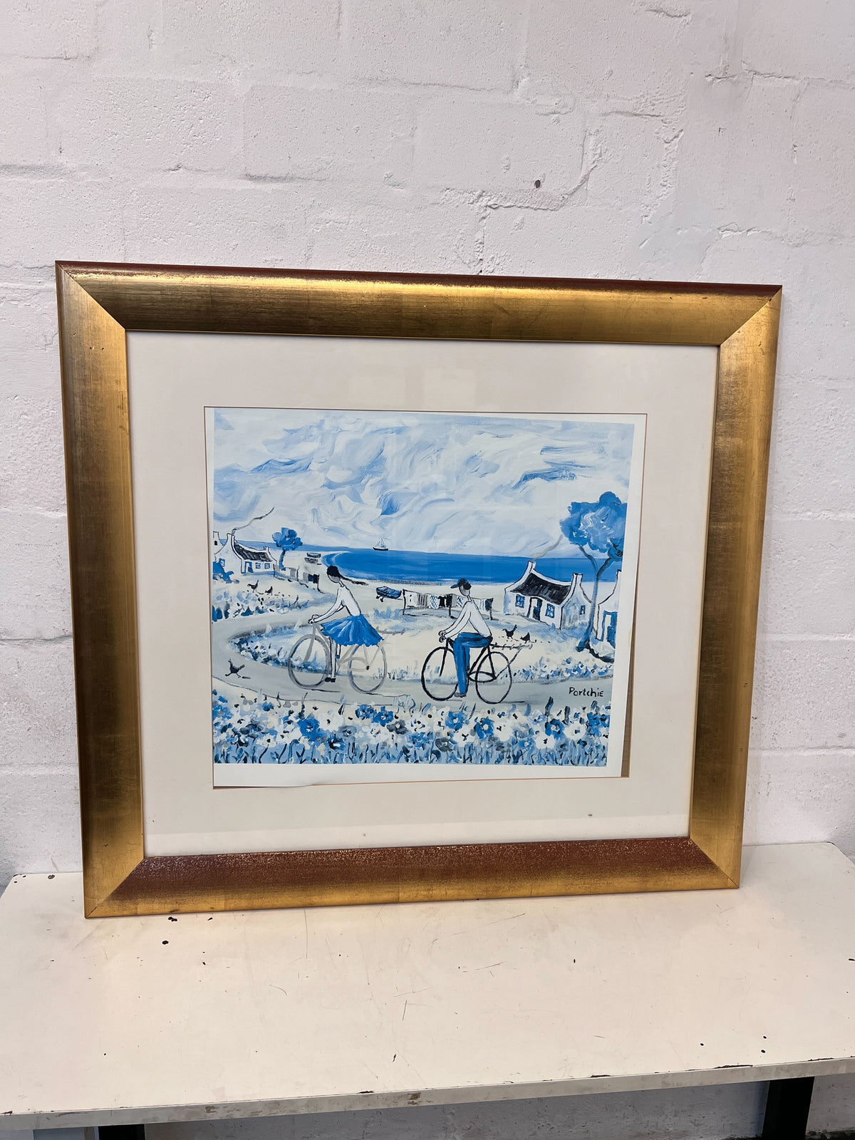 Framed Blue and Gold Landscape Artwork by Portchie – Slight Wear