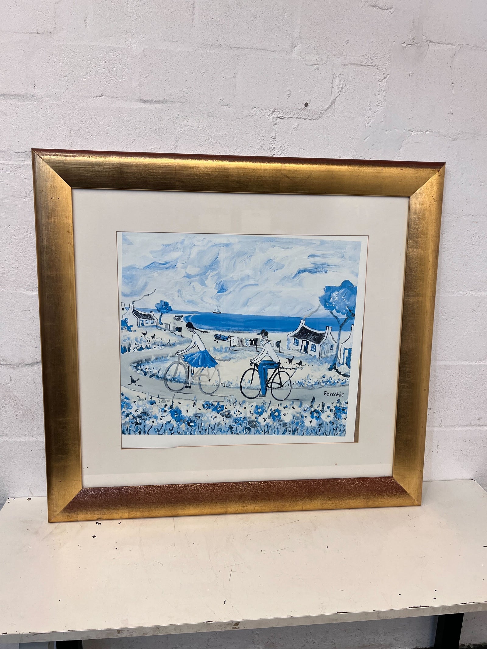 Framed Blue and Gold Landscape Artwork by Portchie – Slight Wear