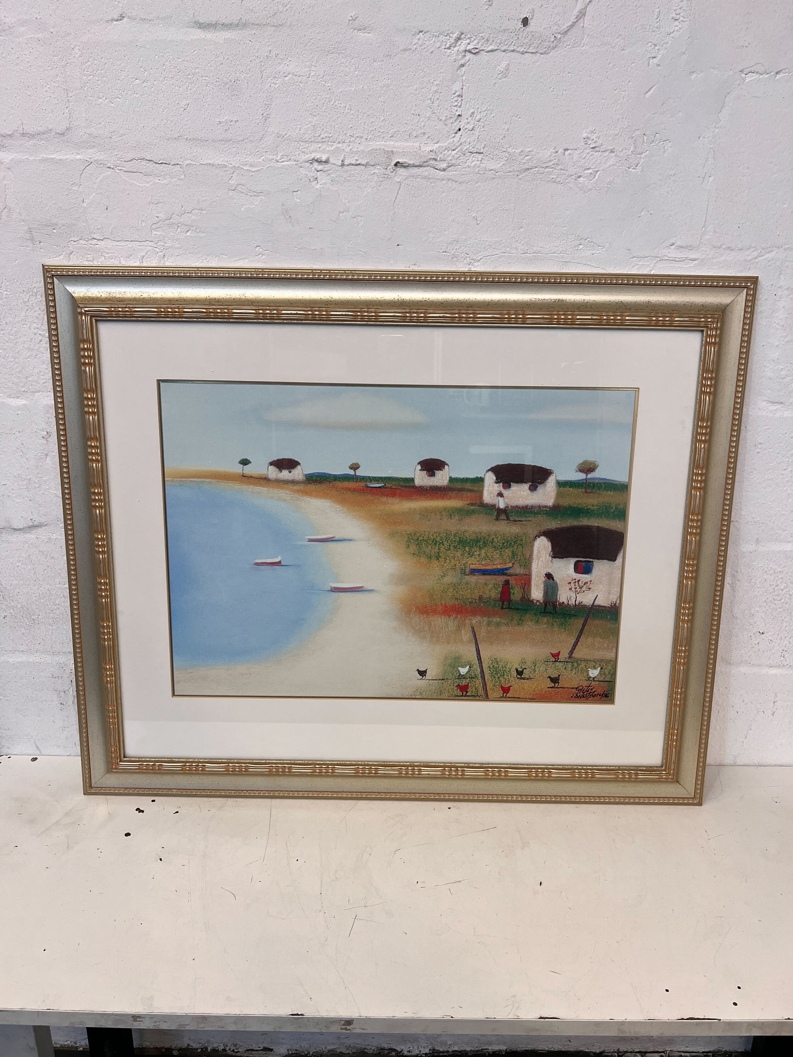 Vibrant Framed Landscape Art with Coastal Scene and Gold Accents