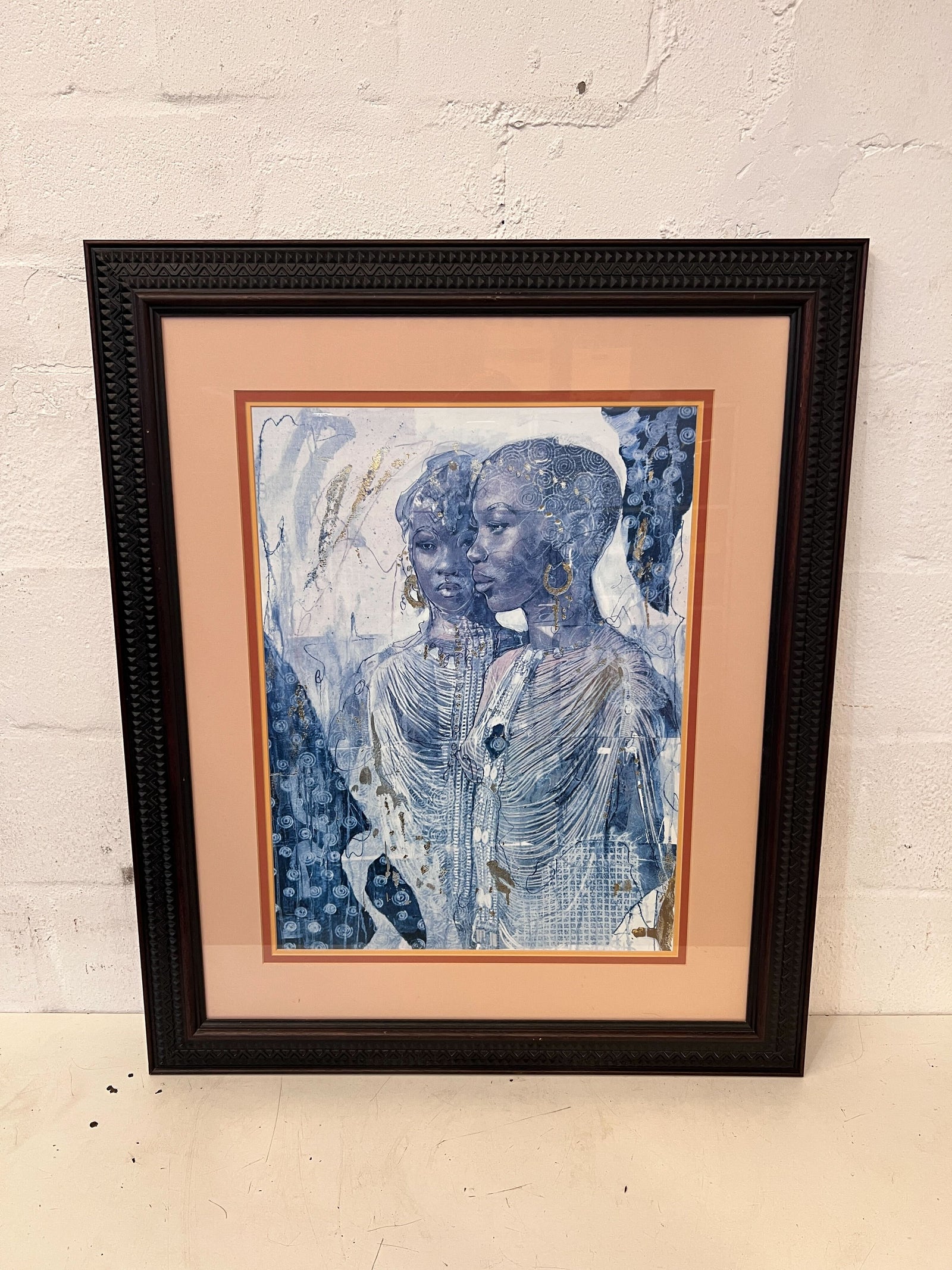 Framed Blue Art Print of Two Women - Elegant Vintage Artwork