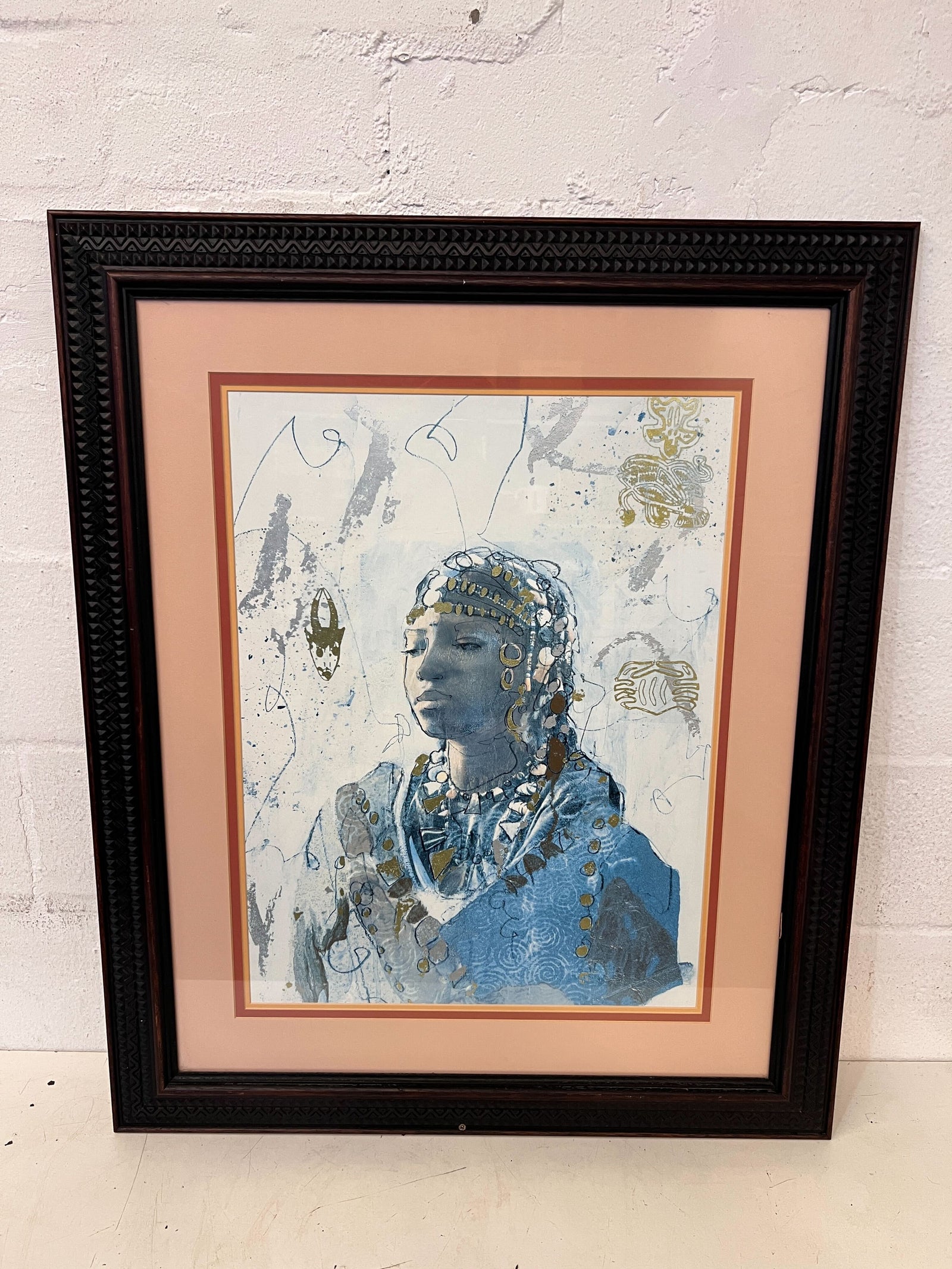 Elegant Framed Art Print of a Woman in Blue Attire