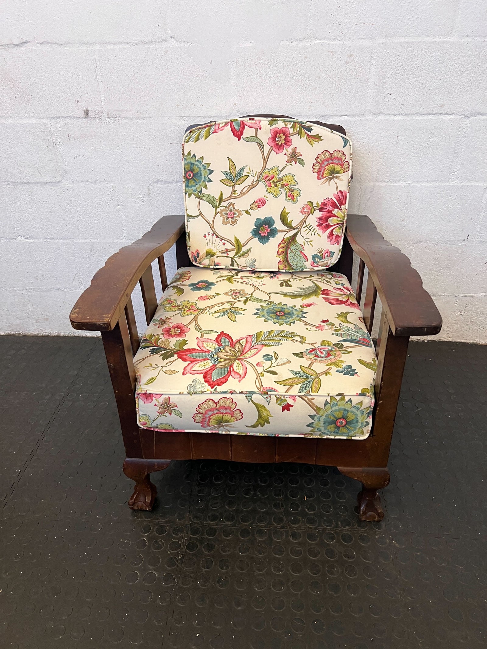 Vintage Floral Armchair with Wooden Frame and Minor Wear