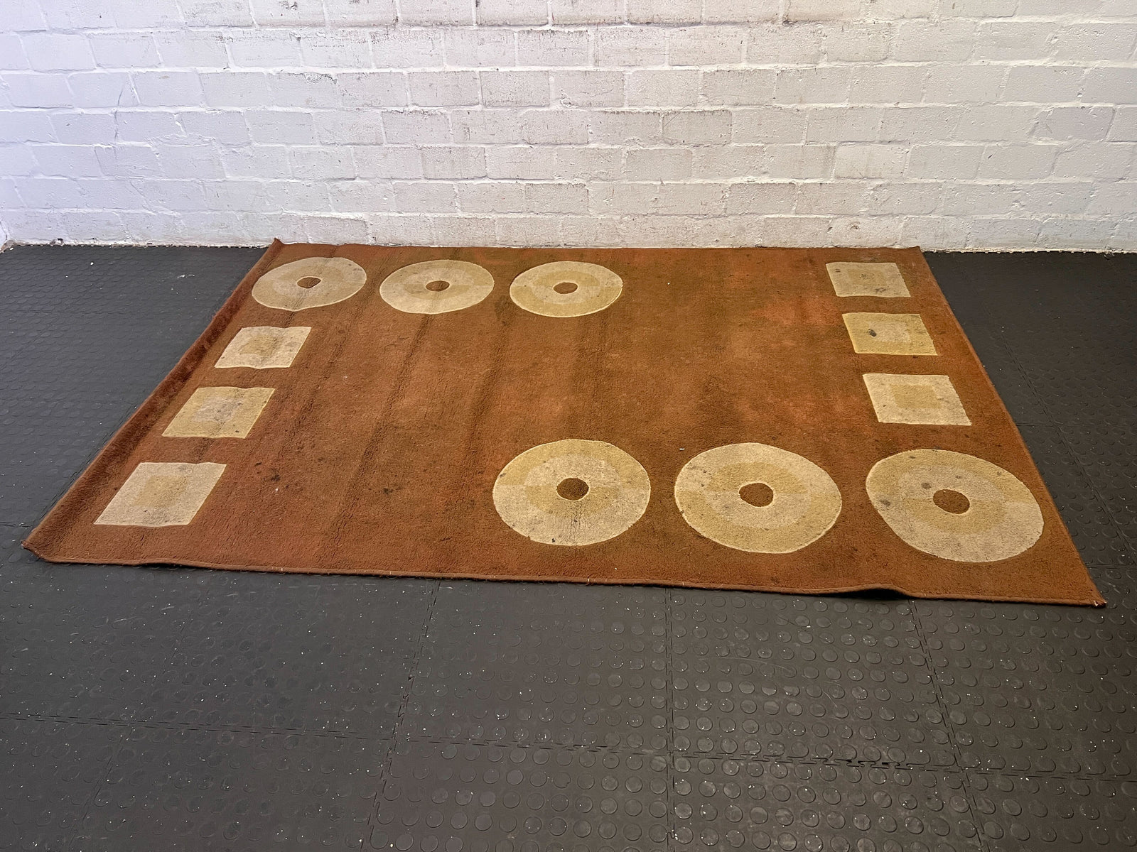 Retro Brown Area Rug with Geometric Patterns - Minor Wear - PRICE DROP