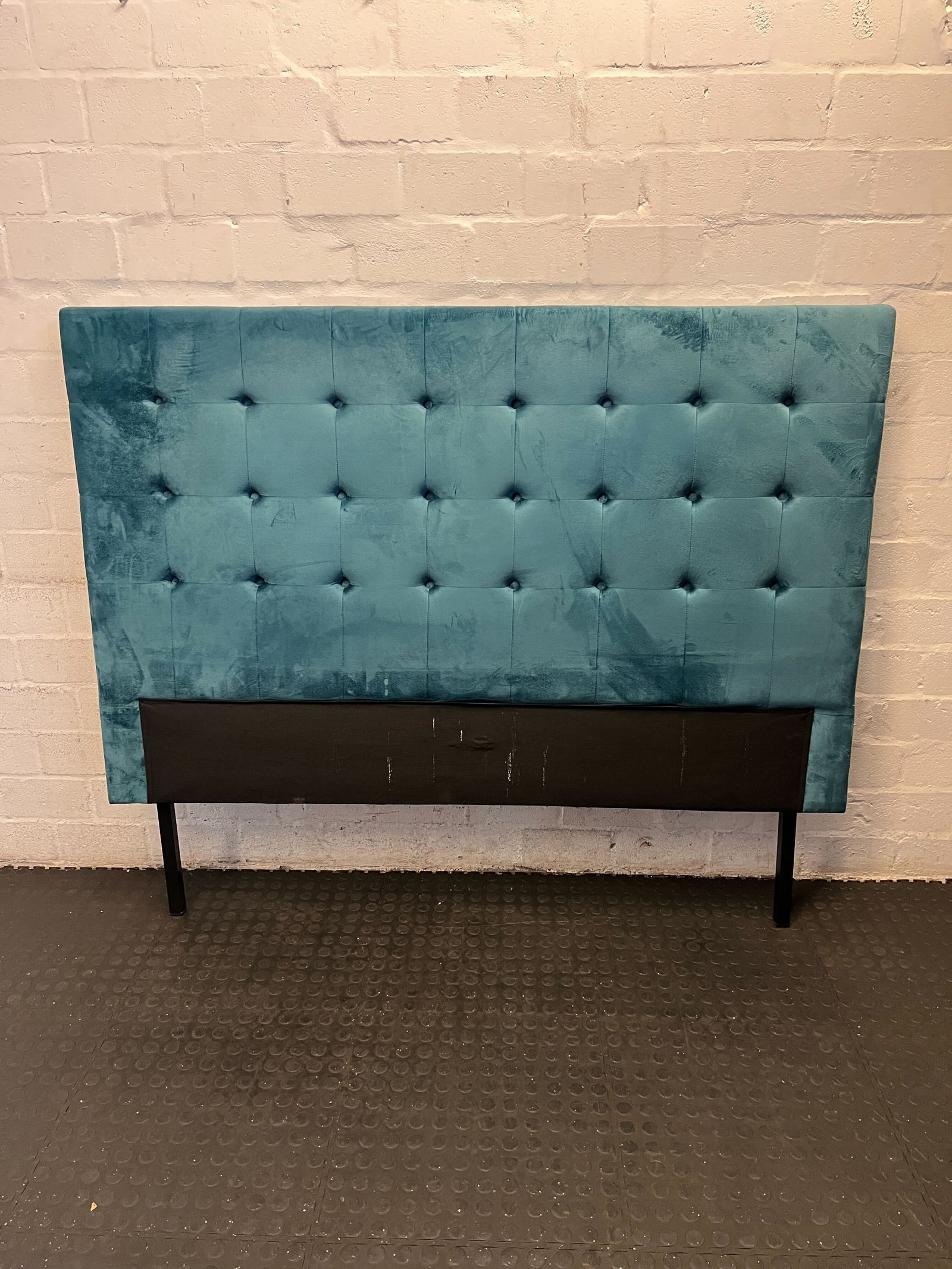 Stylish Turquoise Velvet Queen sized Headboard with Black Base – Minor Scratches
