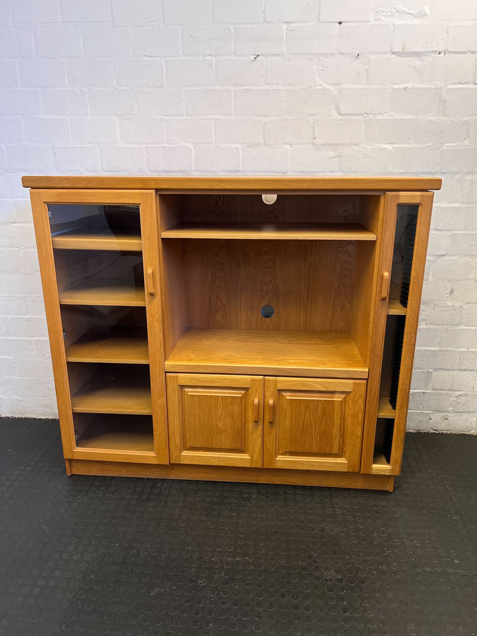 Classic Oak Display Cabinet with Shelves and Storage Drawers