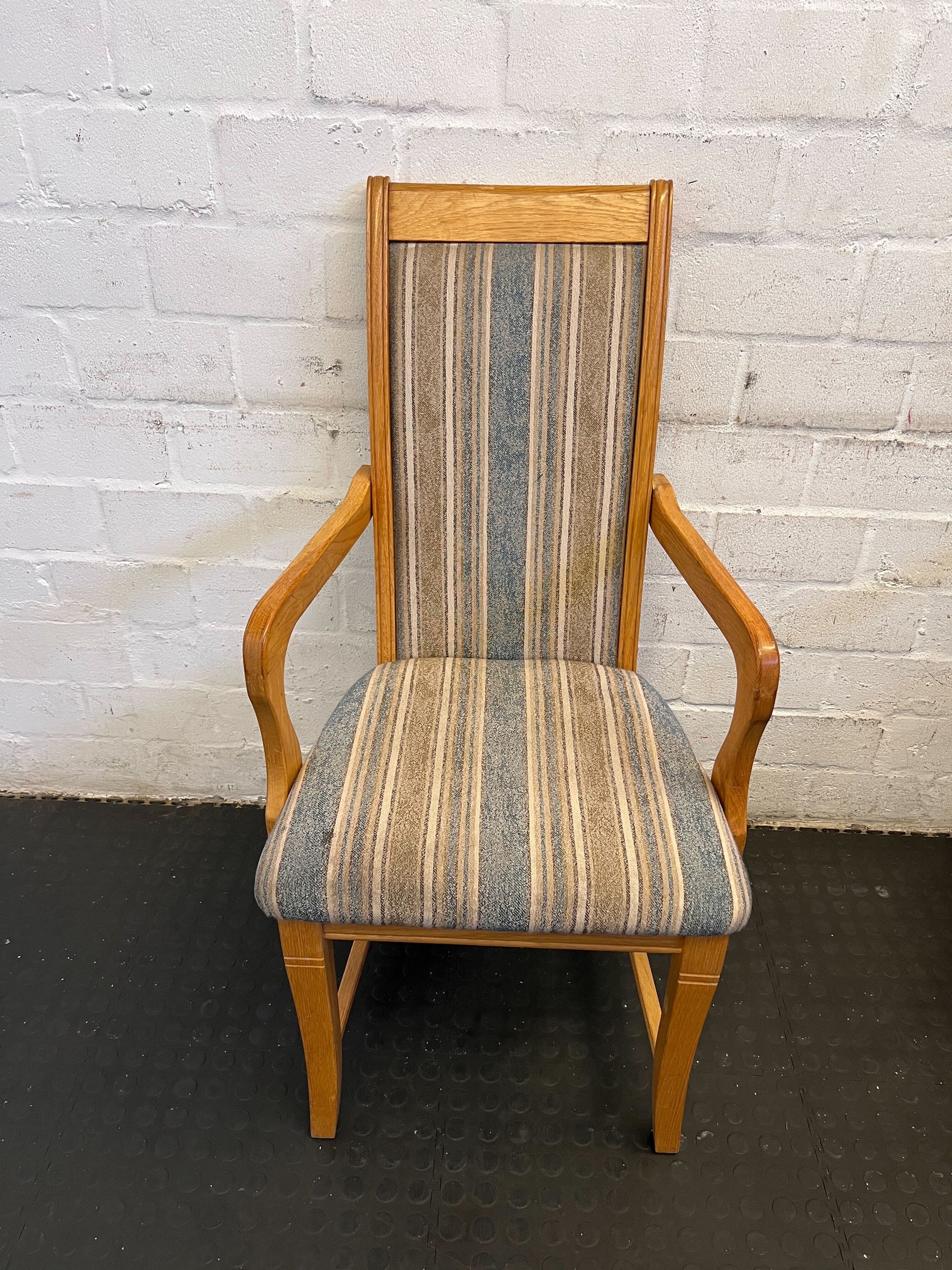 Classic Oak Dining Chair with Striped Fabric Upholstery