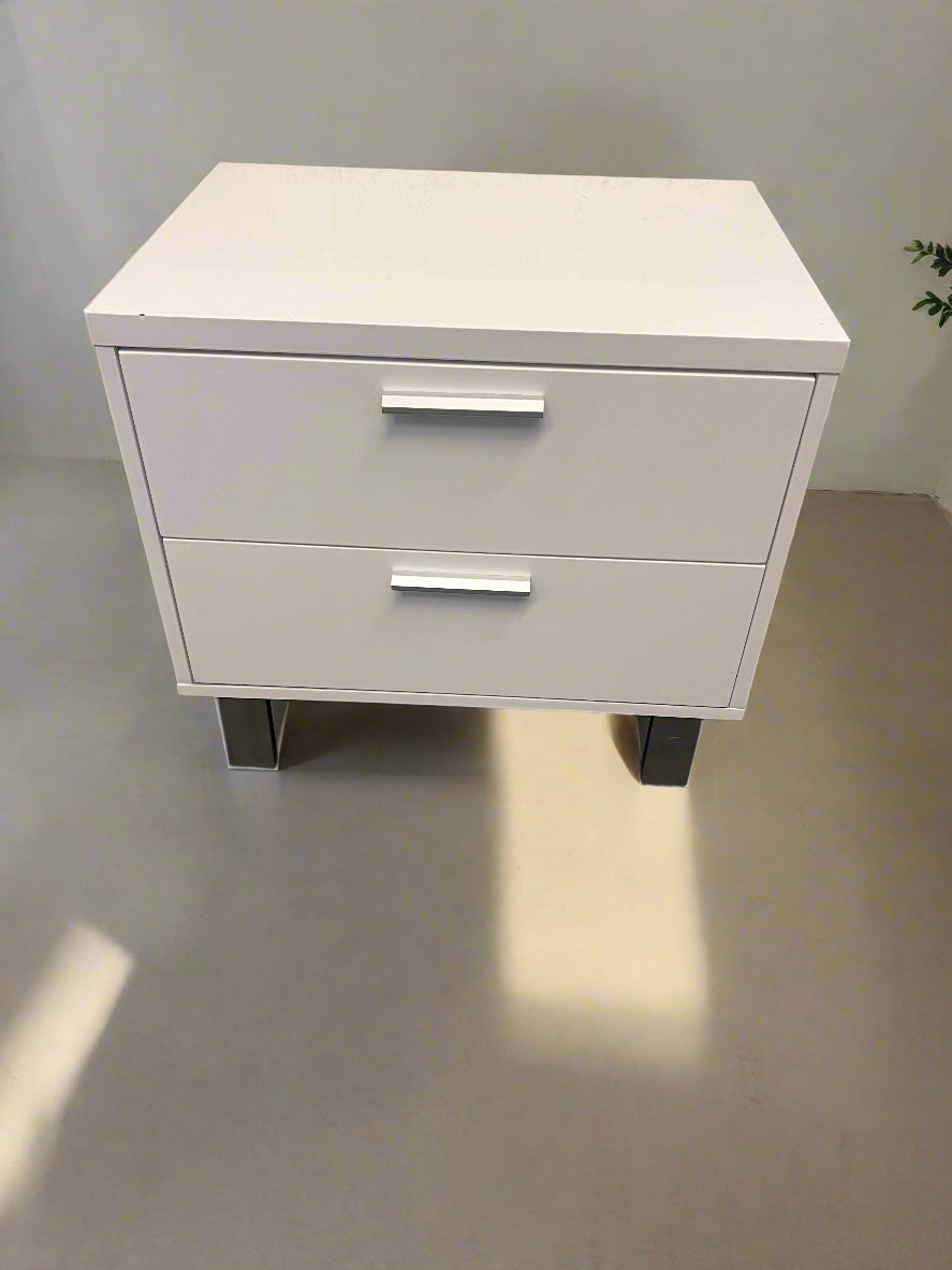 White Two-Drawer Nightstand with Silver Legs - Minor Damage - REDUCED