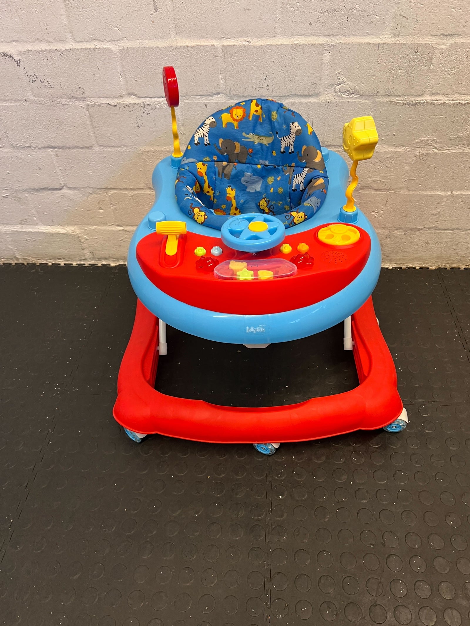Bright Blue & Red Baby Walker with Fun Animal Print Seat