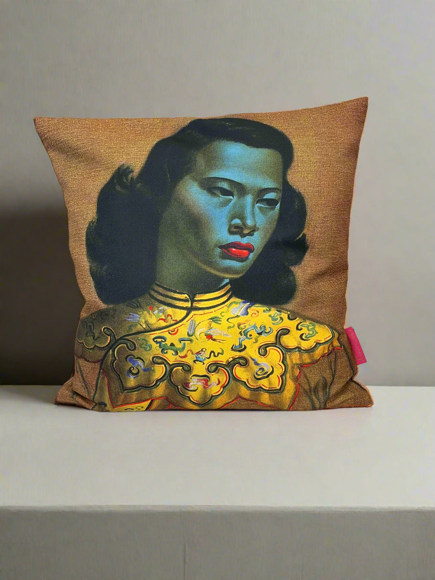 Artistic Throw Pillow with Vintage Portrait Design, Minor Wear