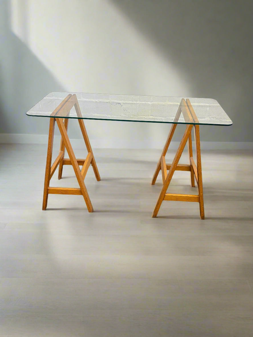 Modern Glass-Top Wooden Console Table with A-Frame Base