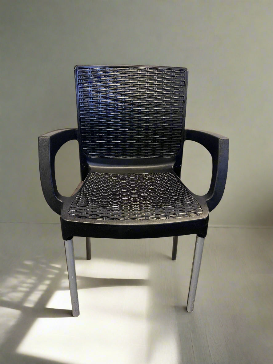 Modern Black Plastic Armchair with Woven Seat – Minor Wear