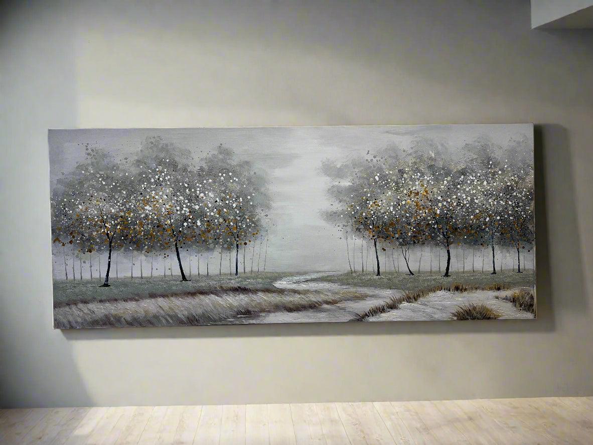 Elegant Gray and Gold Framed Landscape Painting - 1.7 x 0.7m