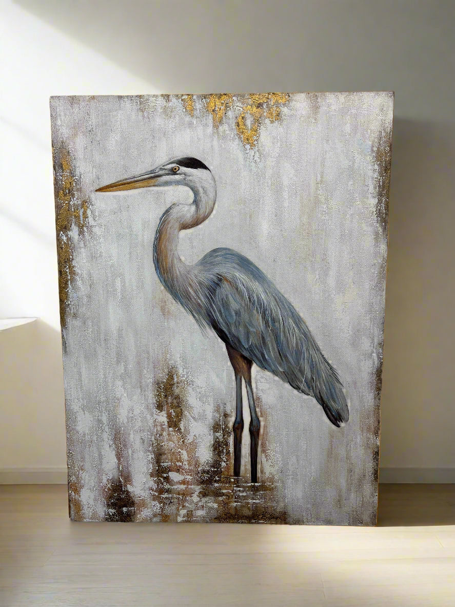 Elegant Grey Heron Painting with Gold Accents – Unique Wall Art 1.2 x 0.9m