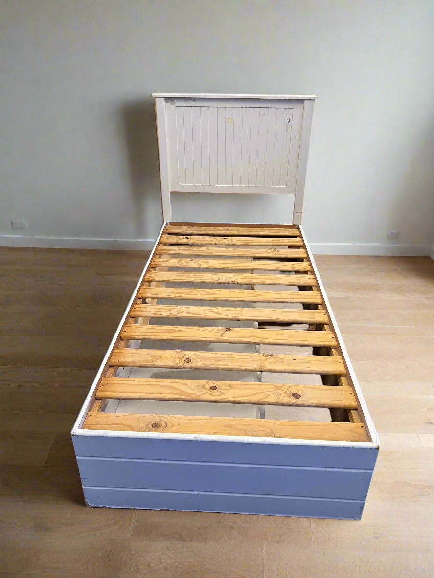 Charming White Wood Single Bed Frame with Wooden Slats
