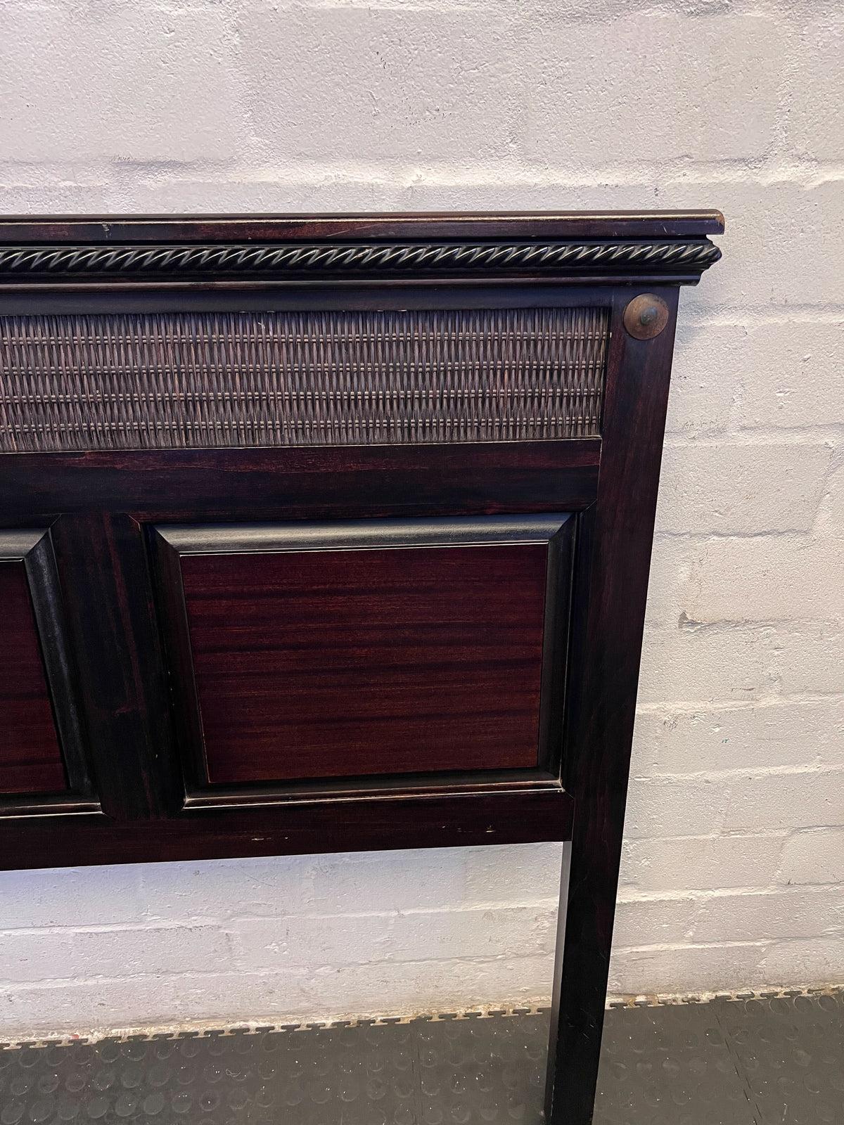 Elegant Dark Wood Queen Size Headboard with Rattan Accents