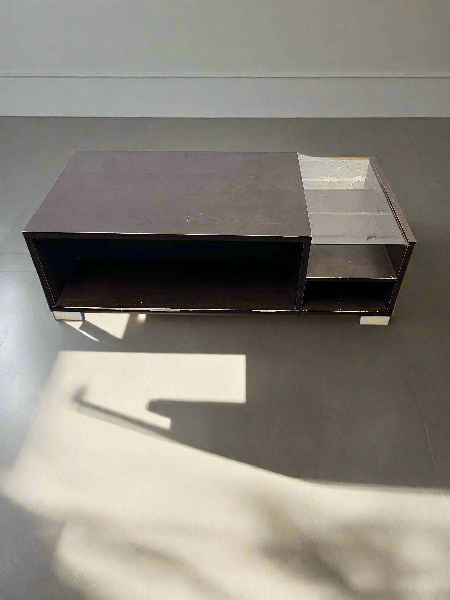 Sleek Black Wooden Coffee Table with Glass Side Shelf – Minor Scratches