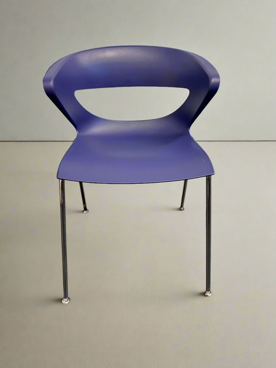 Purple chair with black legs on a plain background