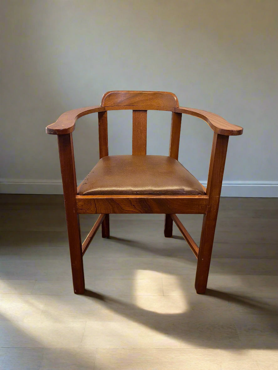 Vintage Dark Brown Wooden Armchair with Leather Seat – Minor Wear