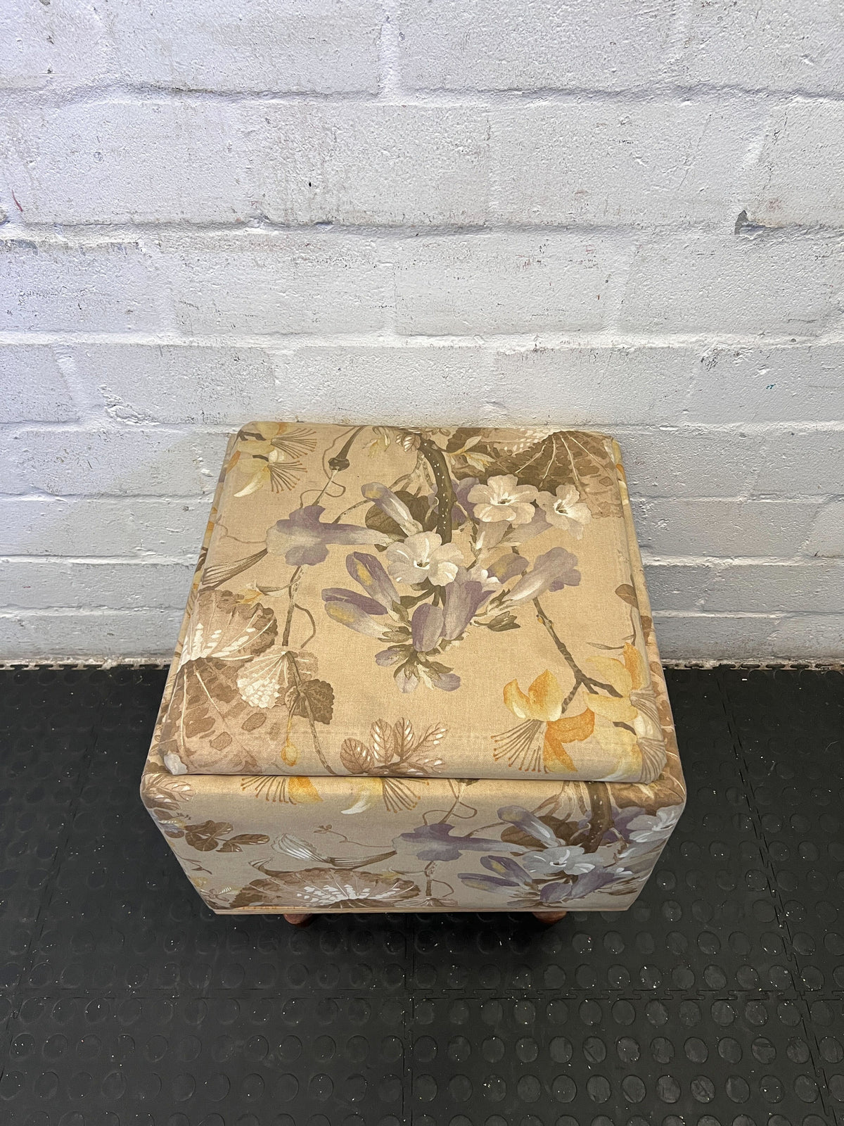 Charming Floral Upholstered Footstool with Wooden Legs