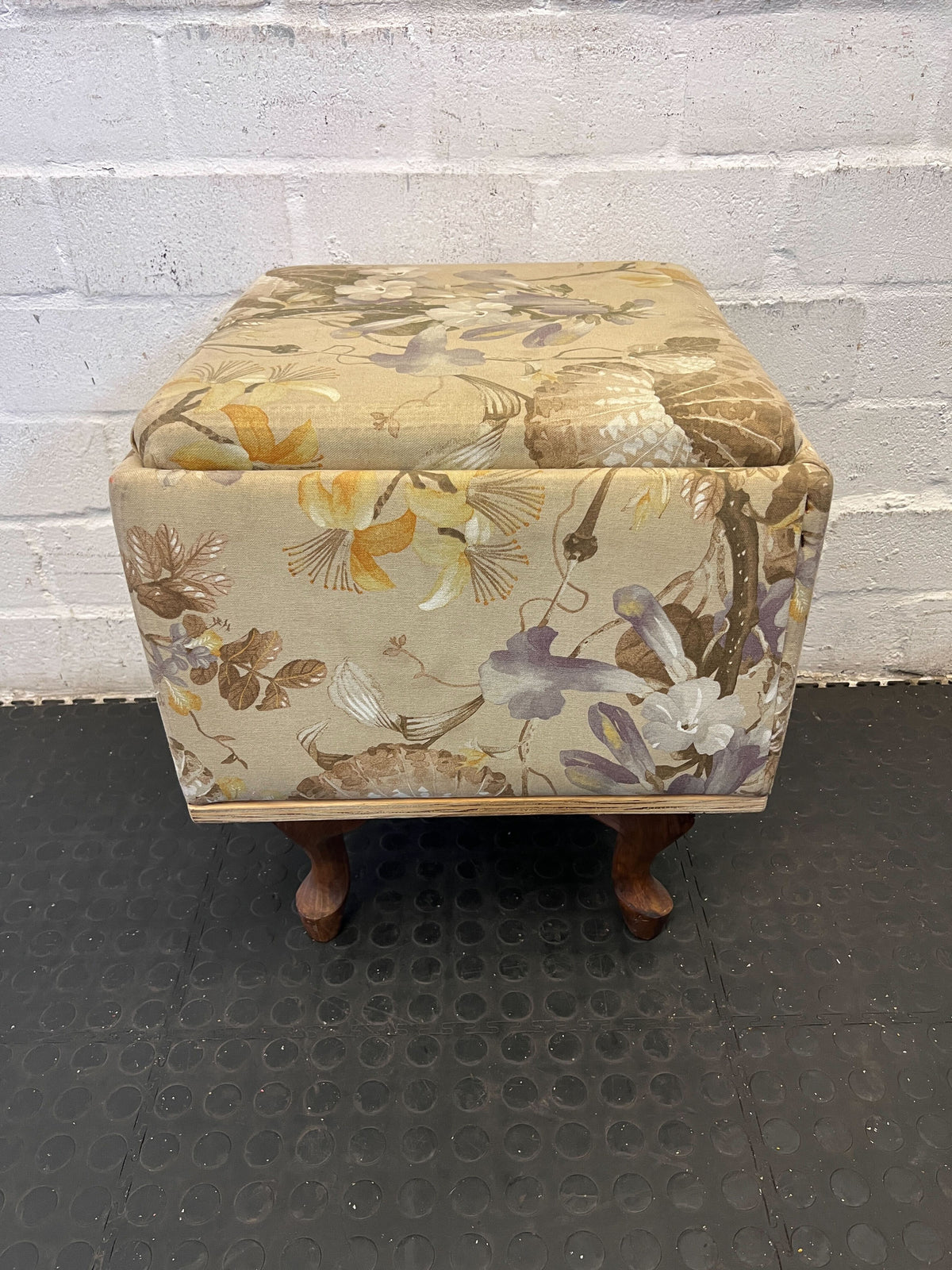 Charming Floral Upholstered Footstool with Wooden Legs