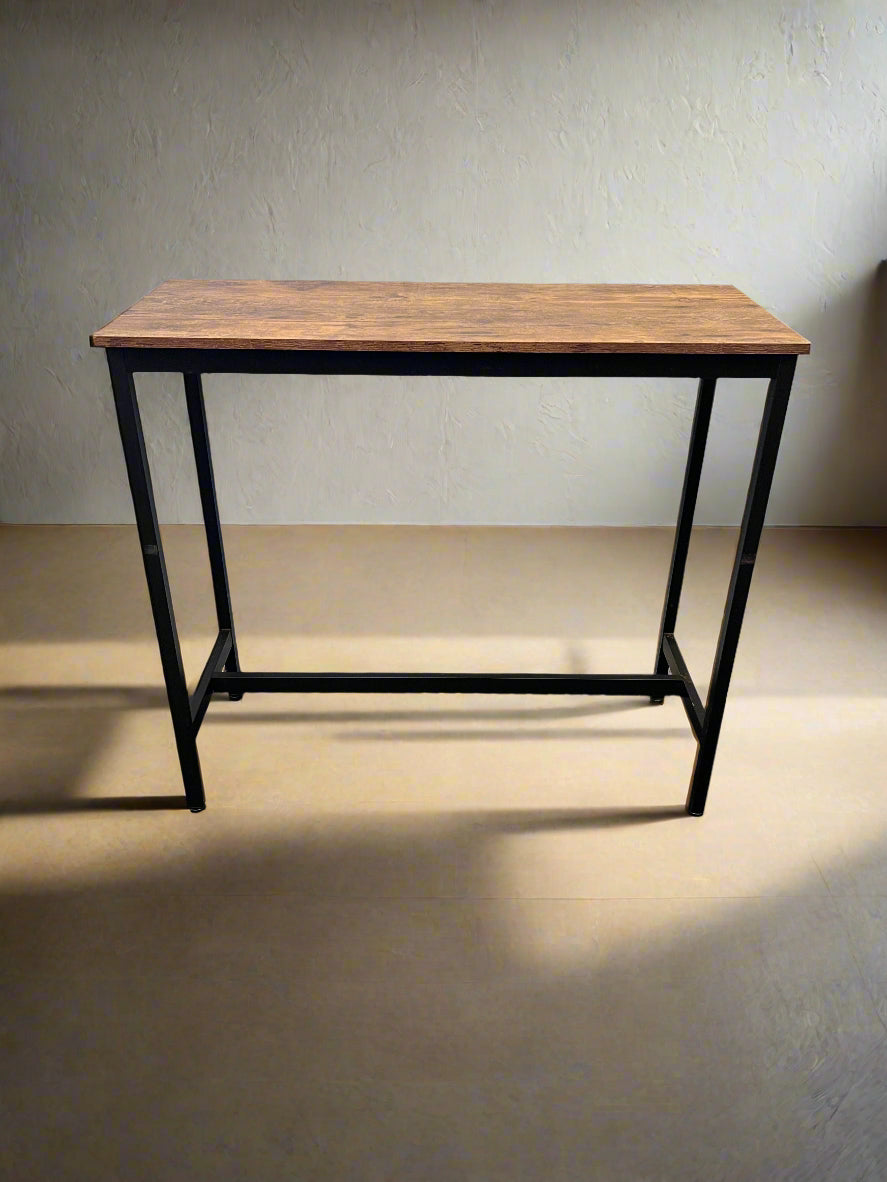 Industrial-Style Bar Counter with Wooden Top and Black Metal Legs