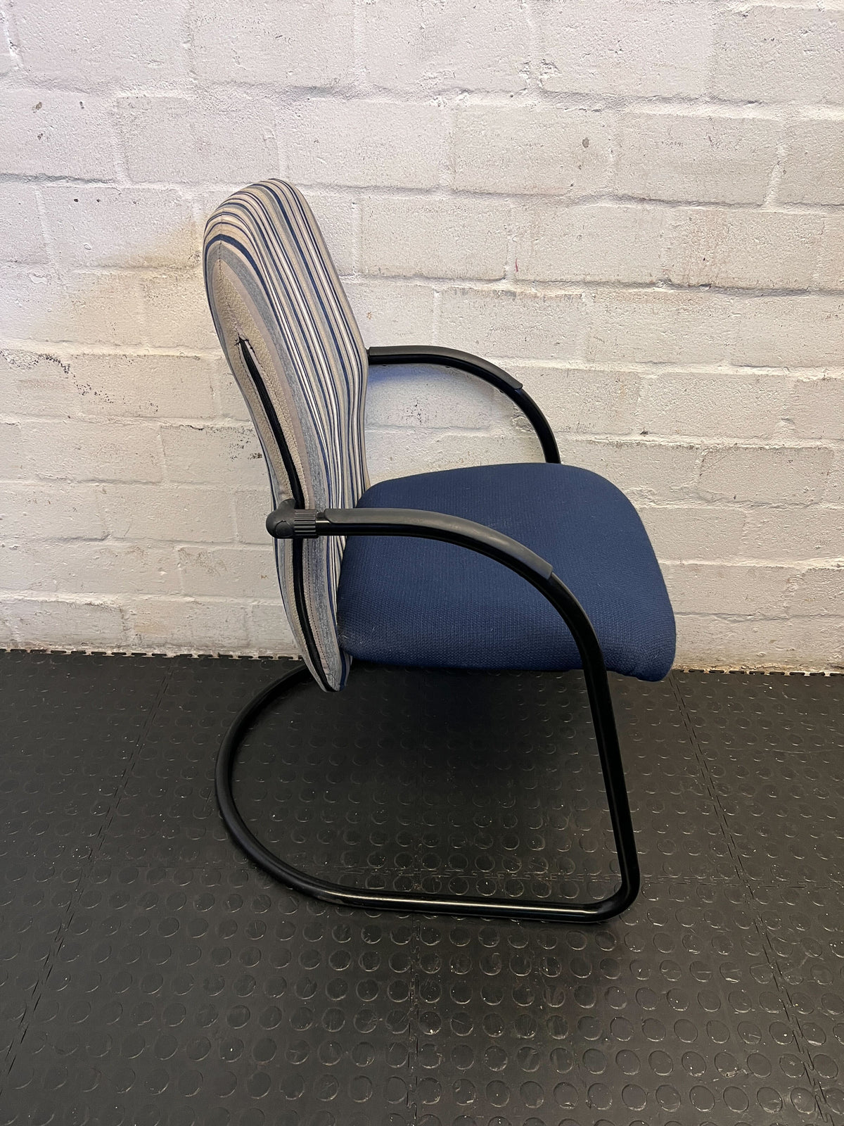 Vintage Striped Upholstered Office Chair with Blue Fabric and Metal Frame