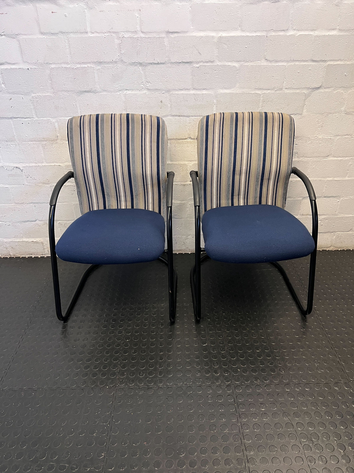 Vintage Striped Upholstered Office Chair with Blue Fabric and Metal Frame