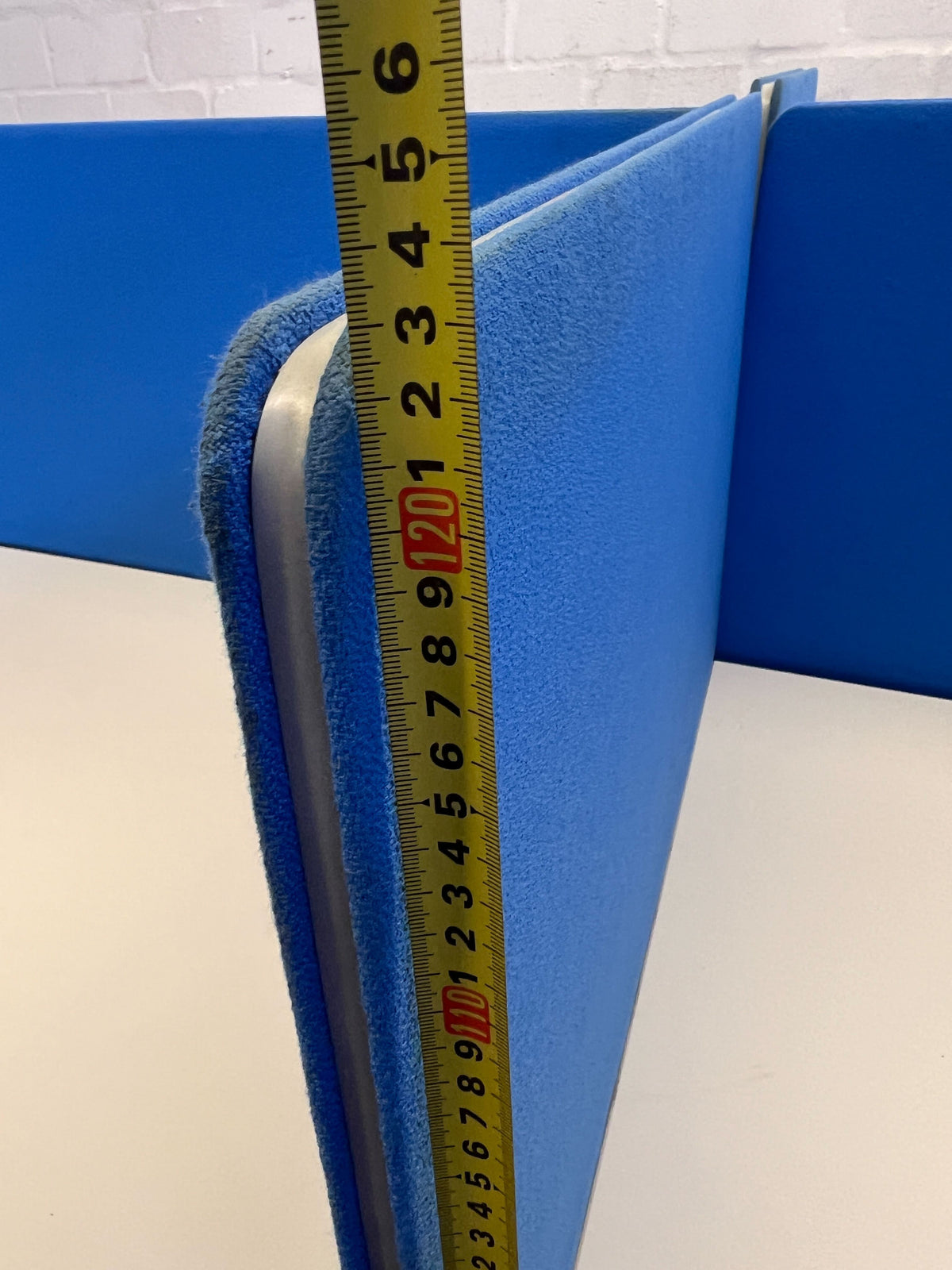 Modern White Office Desk with Blue Privacy Screens