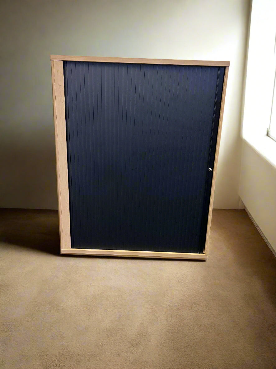 Stylish Black Storage Cabinet with Light Wood Frame - Minor Markings