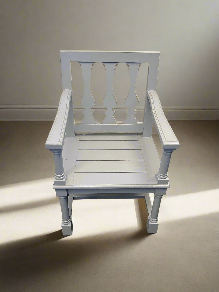 Chic Grey Wooden Accent Chair with Intricate Cutouts – Minor Wear