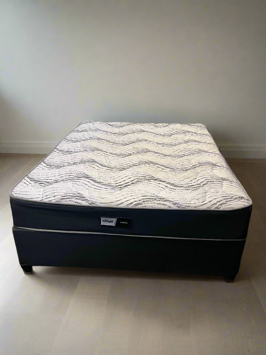 Comfortable Queen Size Grey Fabric Mattress & Base with Minor Wear