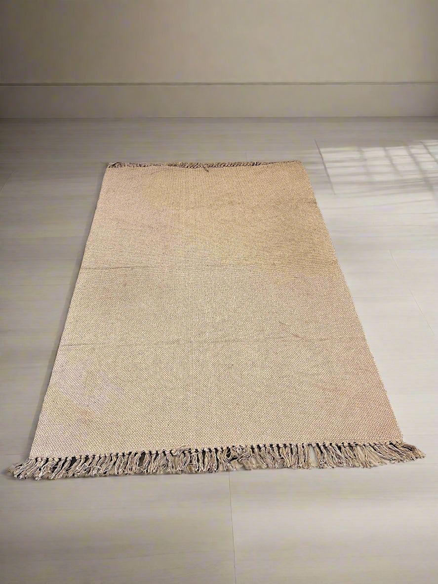 Natural Beige Woven Area Rug with Fringed Edges - Great Condition