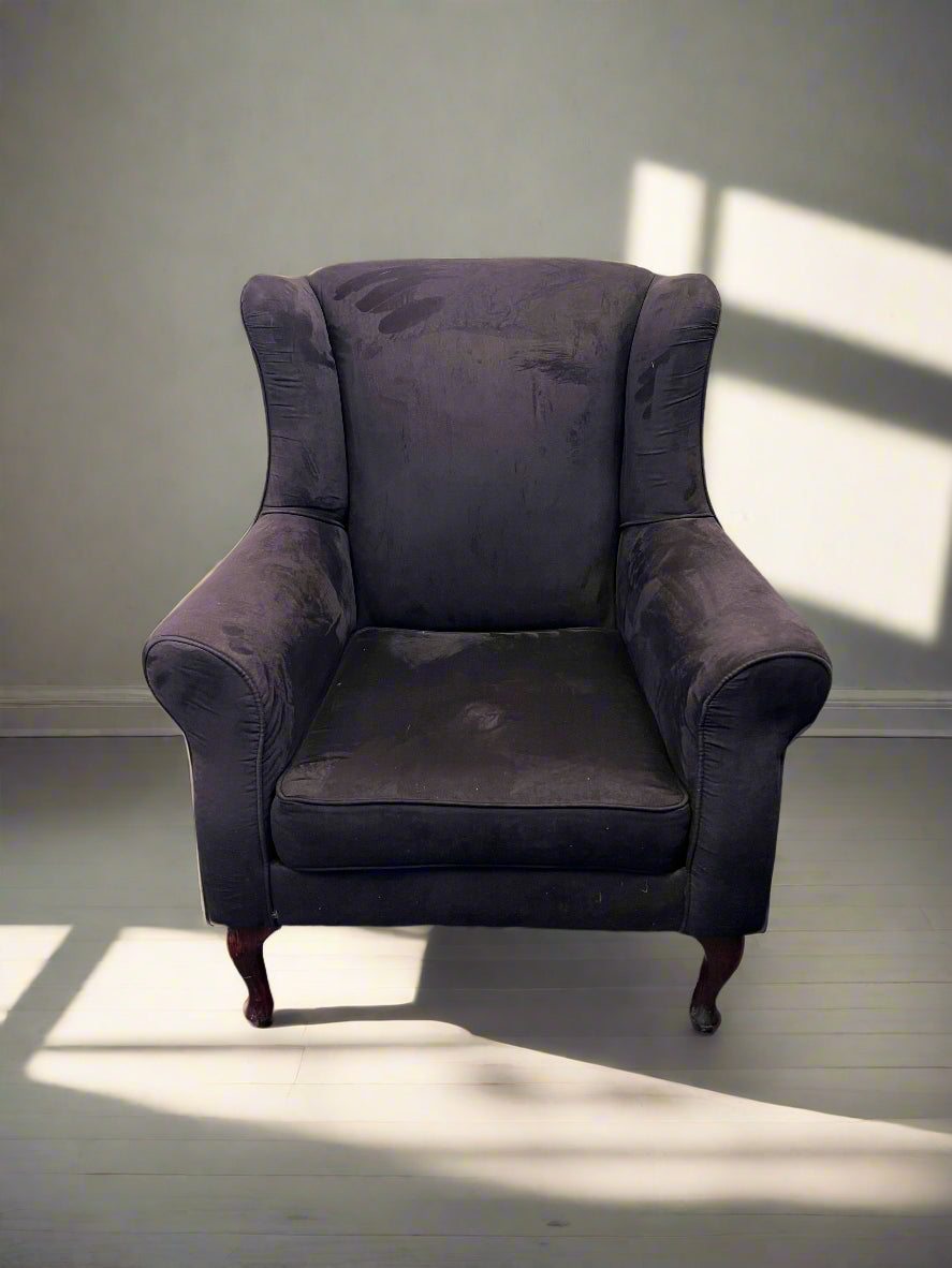 Stylish Charcoal Grey Velvet Armchair with Minor Wear