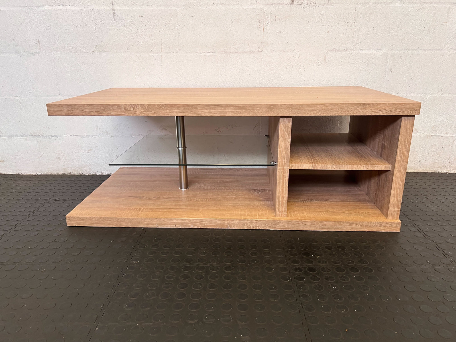 Modern Oak-Look Coffee Table with Glass Shelf and Storage