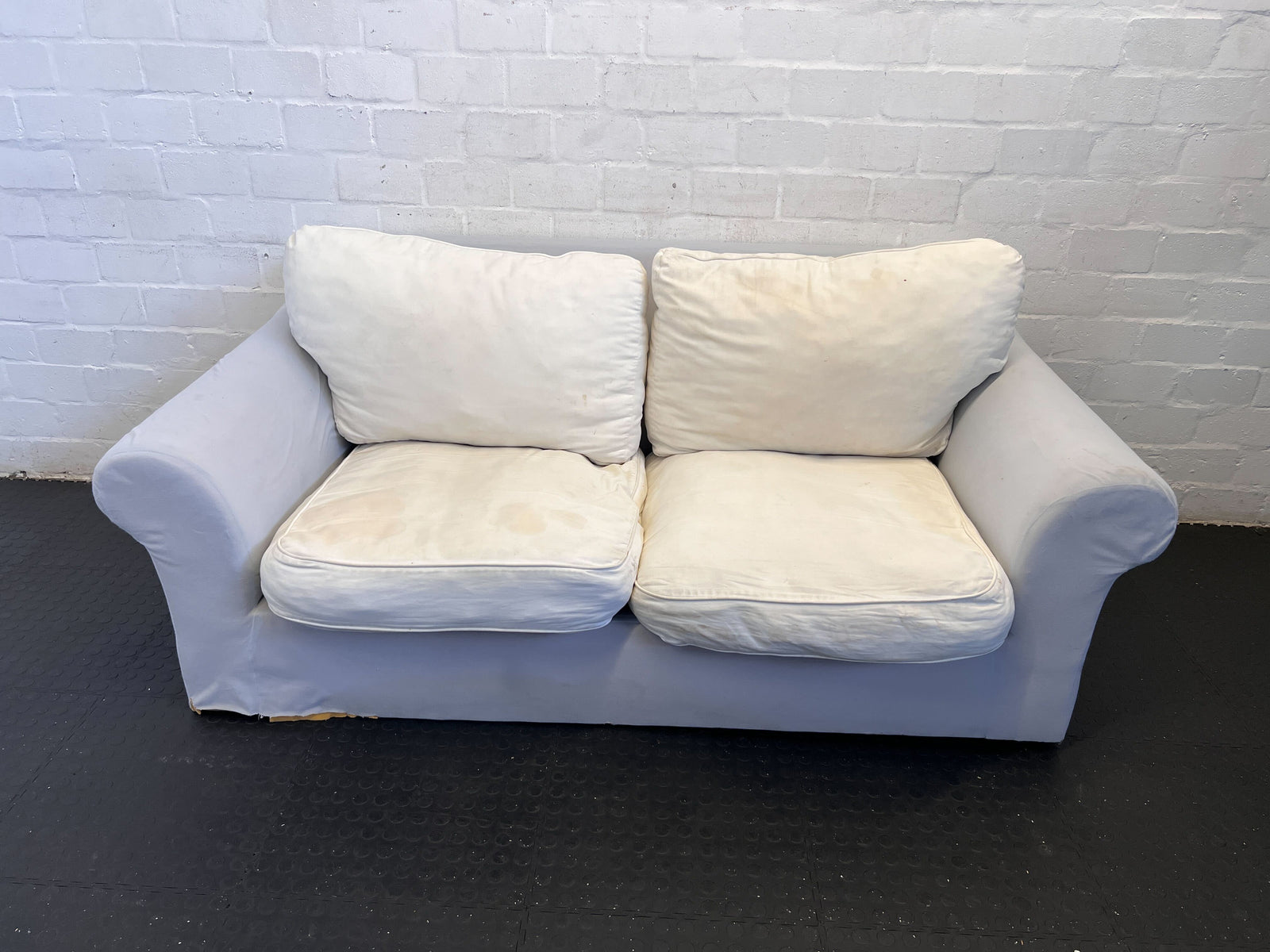 Cozy 2-Seater Light Grey Fabric Couch with Minor Stains - REDUCED