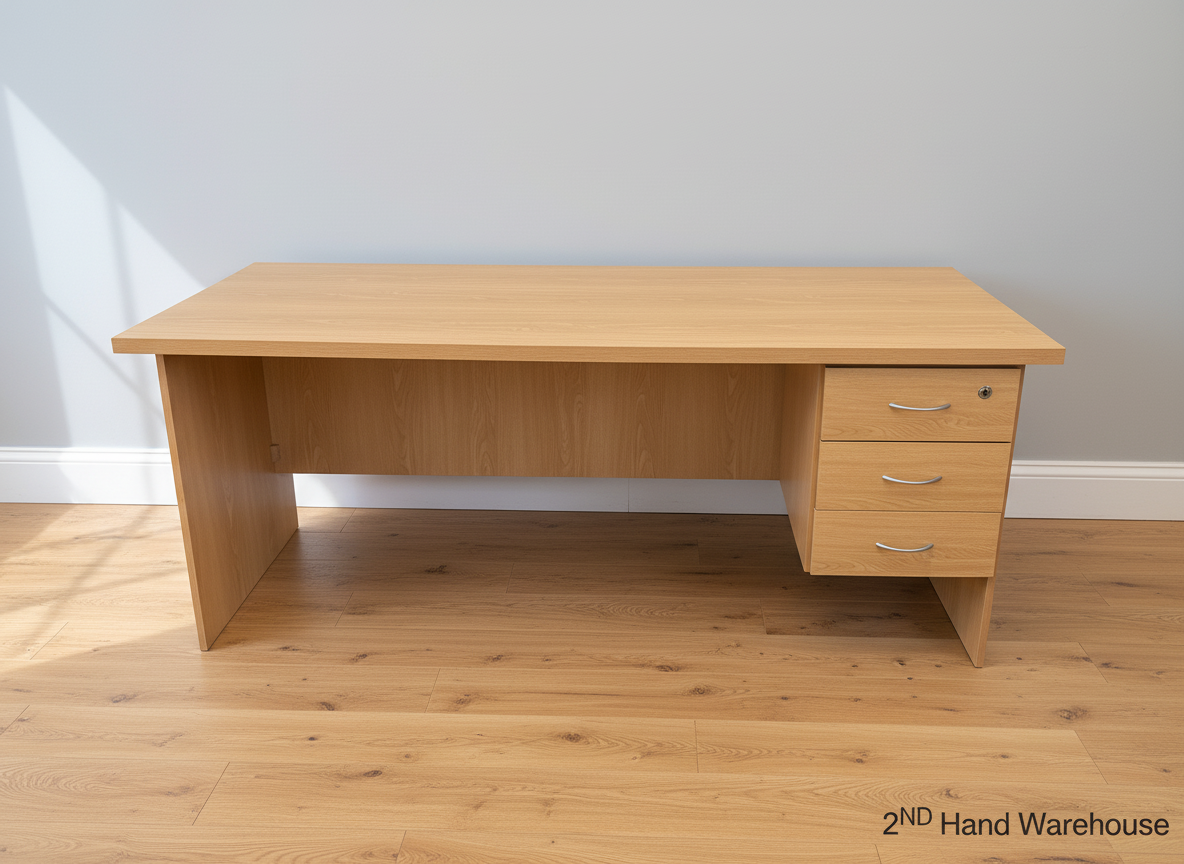 Spacious Light Wood Office Desk with Lockable 3-Drawer Pedestal