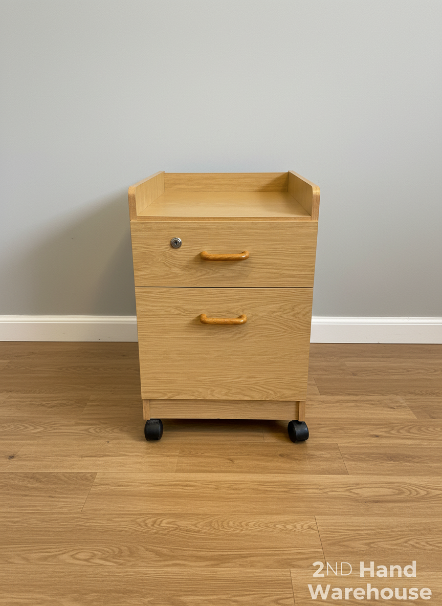 Light Oak Look Mobile Filing Cabinet with 2 Drawers & Lock - 2ndhandwarehouse.com