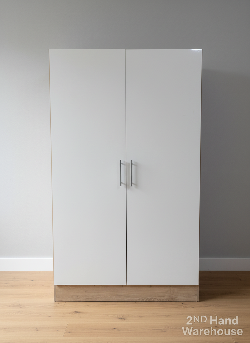 Modern White Gloss 2-Door Wardrobe with Wood Base