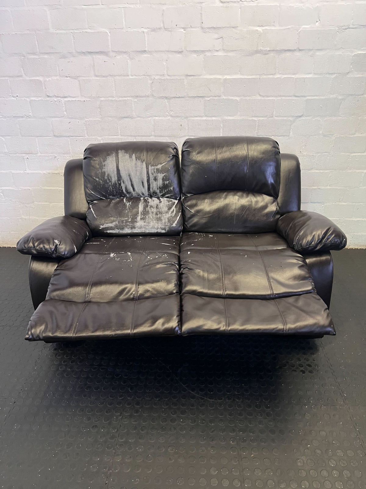 Pre-Loved Black 2-Seater Faux Leather Sofa - Recliner Style