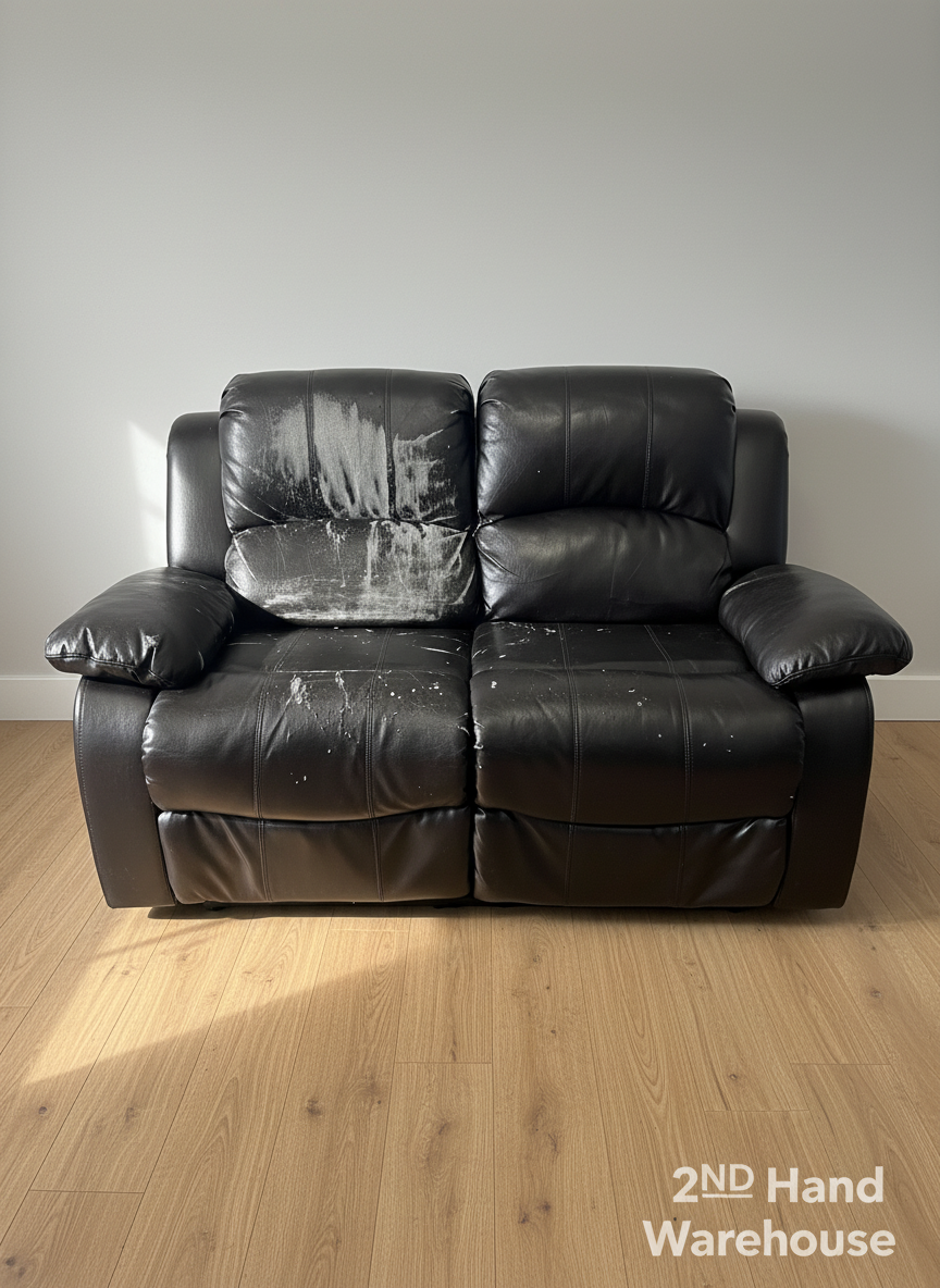 Pre-Loved Black 2-Seater Faux Leather Sofa - Recliner Style