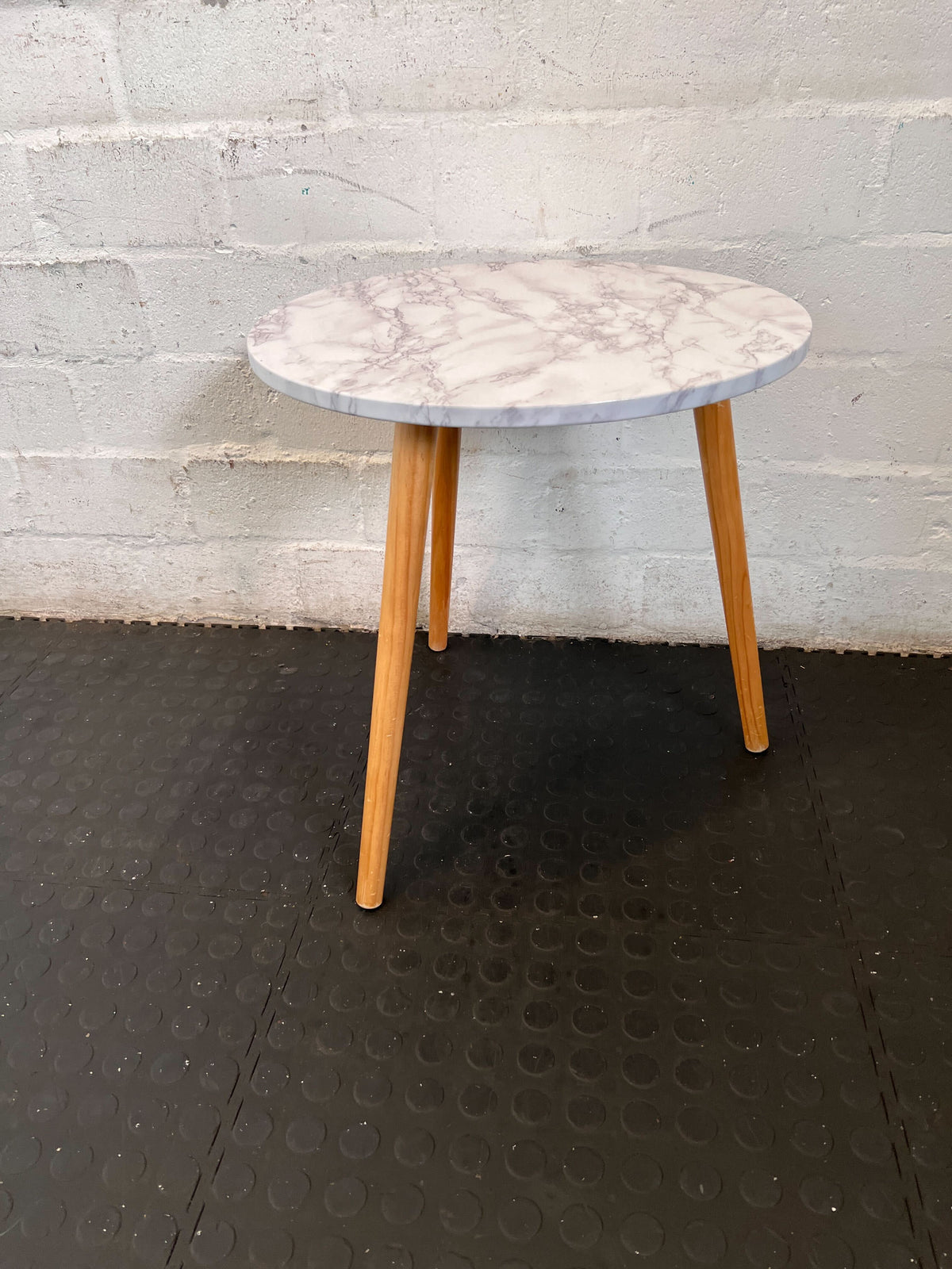 Chic Marble Look Round Side Table with Wooden Legs