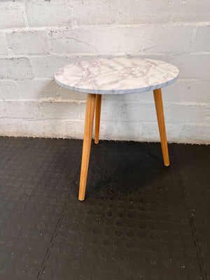 Chic Marble Look Round Side Table with Wooden Legs