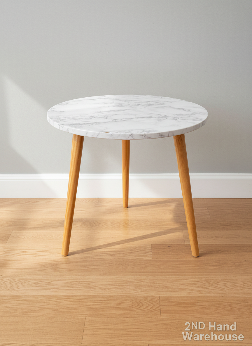Chic Marble Look Round Side Table with Wooden Legs