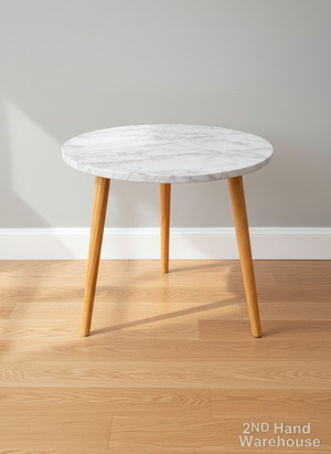 Chic Marble Look Round Side Table with Wooden Legs