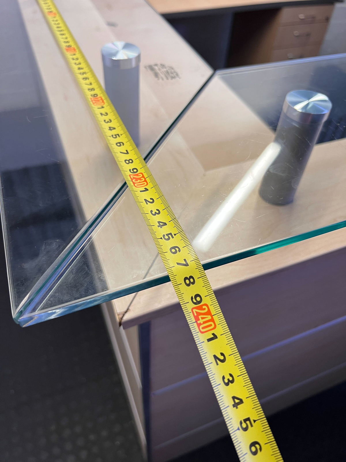 Modern L-Shaped Reception Desk with Glass Top & Mobile Pedestal