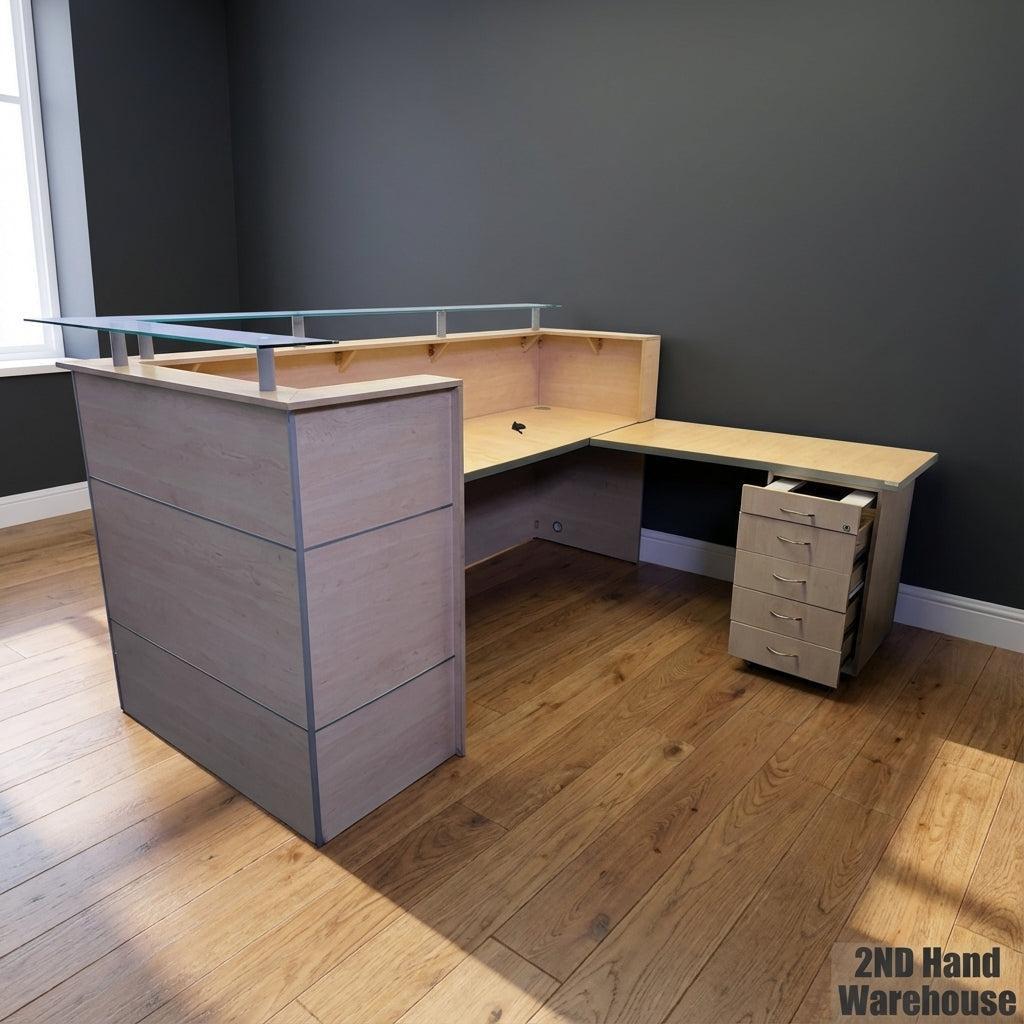 Modern L-Shaped Reception Desk with Glass Top & Mobile Pedestal