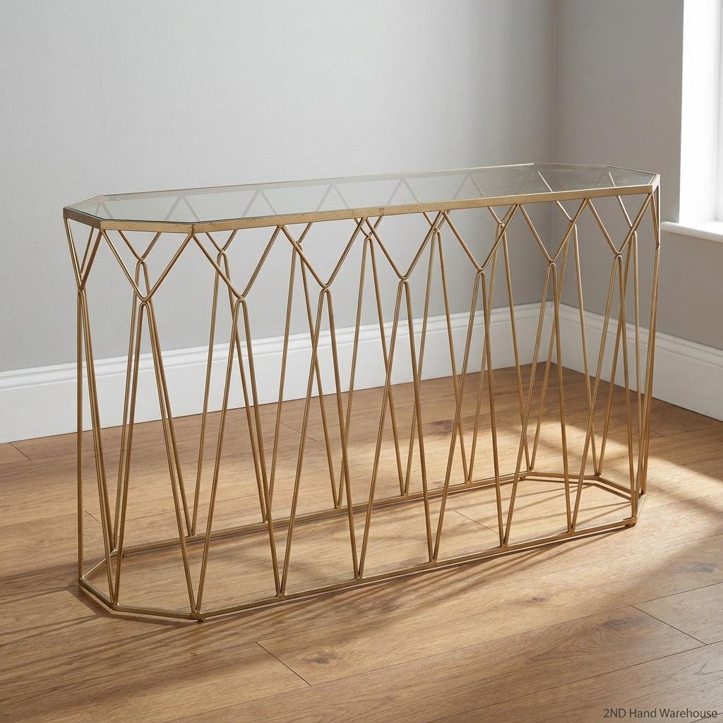 Glam Geometric Gold Console Table with Glass Top