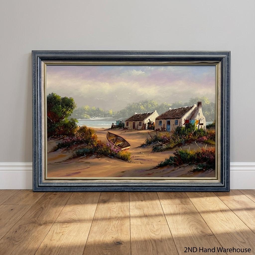 Charming Coastal Cottages Framed Oil Painting