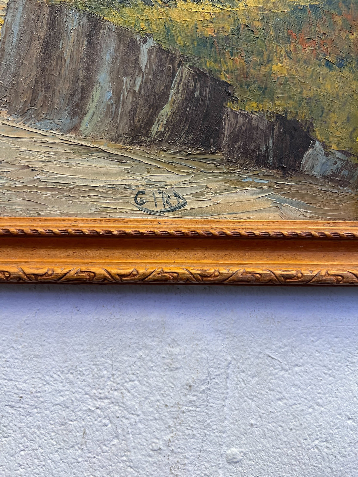 Vintage Mountain Road Landscape Oil Painting in Wooden Frame